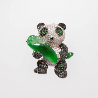 Magnificent Highly Translucent Imperial Green Jadeite Diamonds Pavé Panda Pendant/Brooch