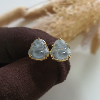[Rare] Highly Translucent Icy Blue Jadeite "Laughing Buddha" Earrings (JAA000931)