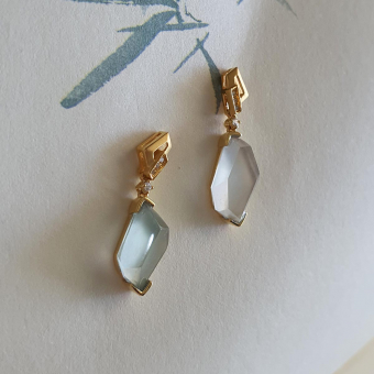 Highly Translucency Icy and Icy Green Jadeite “Golden Cubism" Earrings (JAA001279)