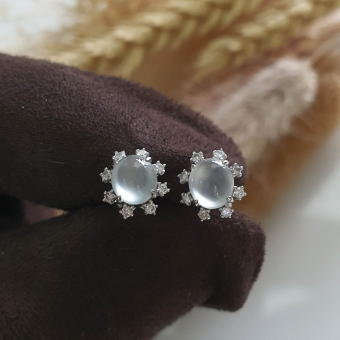 Highly Translucent Icy Jadeite Cabochon "Starburst" Earrings (JAA001513)