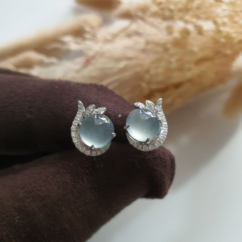 Highly Translucent Icy Jadeite Cabochon "Dreamy Winter" Earrings (JAA001619)