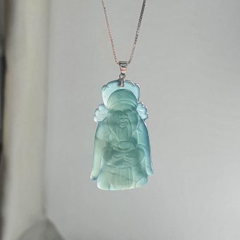 [Rare] Highly Translucent Icy Bluish Green "God of Fortune" Pendant (JAB003810)