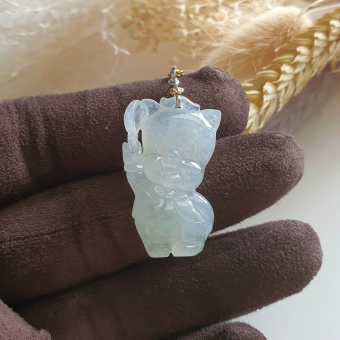 Translucent Icy and Bluish Green Jadeite "Mr Gentleman Pig" Pendant (JAB003870)