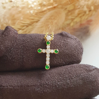 Highly Translucent Imperial Green Jadeite "Diamonds Cross" Pendant (JAB003989)