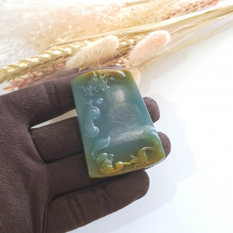 [Rare] Highly Translucent Bluish & Yellow Jadeite "Majestic Dragon & The Awaken One" Pendant (JAB004027)