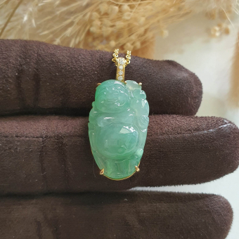 Highly Translucent Icy Apple Green Jadeite "Laughing Buddha" Pendant (JAB004904)