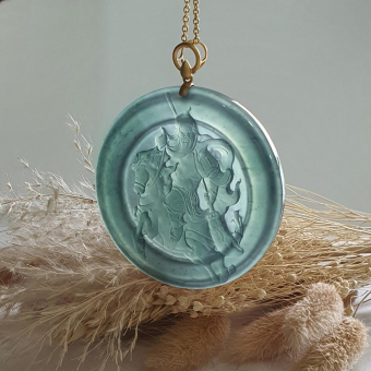 Highly Translucent Icy Bluish Green Jadeite "Victory Medallion Guan Gong" Pendant (JAB005347)