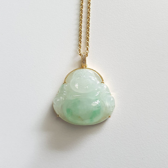 Highly Translucency Icy with Apple Green Jadeite "Laughing Buddha" Pendant (JAB005560)