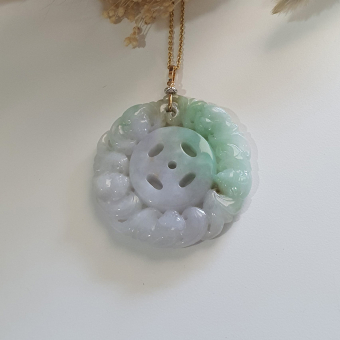 Translucent Green with Light Lavender Jadeite "Auspicious Bats Medallion" Pendant (JAB005685)