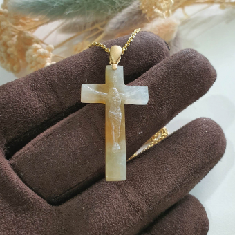 Translucent Icy and Icy Honey Yellowish Jadeite "Crucifix" Pendant (JAB006452)