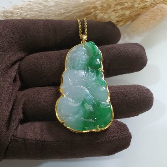 Translucent Icy with Brilliant Green Jadeite "Goddess of Mercy" Pendant (JAB006469)