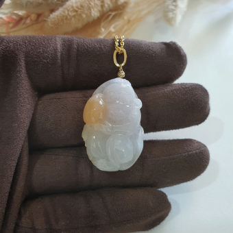 Translucent Icy Tri-colours Jadeite "Longevity Monkey" Pendant (JAB006629)