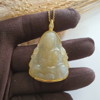 Good Translucency Icy Yellow Jadeite "Goddess of Mercy" Pendant (JAB007217)