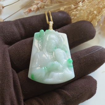 Translucent Green with Brilliant Green Jadeite "Mother Mary and Baby Jesus" Pendant (JAB007274)