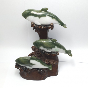 Translucent Green and White Jadeite "Dolphins Family" Ornament (JAM000252)