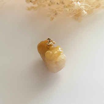 Translucent Golden Yellow Jadeite "Smiley Piglet on Cabbage" Pendant (JAM000282)