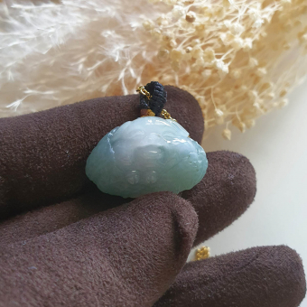 Translucent Green & White Jadeite "Smiley Piglet in Giant Cabbage" Pendant (JAM000290)