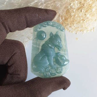 Highly Translucent Icy Bluish Green Jadeite "Husky of Wealth" Pendant (JAM000390)