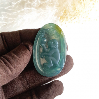 Highly Translucent Icy Bluish Green Jadeite "Auspicious Monkey" Pendant (JAM000392)
