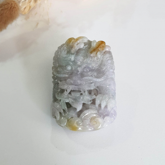 Translucent Icy Tri-Colours Jadeite "Golden Horns Majestic Dragon” Pendant (JAM000761)