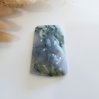 [Rare] Good Translucent Icy Bluish Lavender with Green and Yellow "Majestic Goats & Ruyi" Pendant (SJB003269)